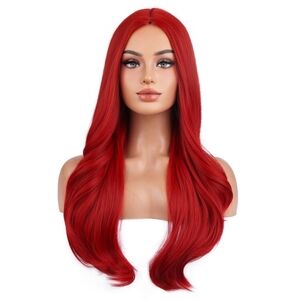 22" Red Long Curly Wavy Wig‎ Middle Part Synthetic